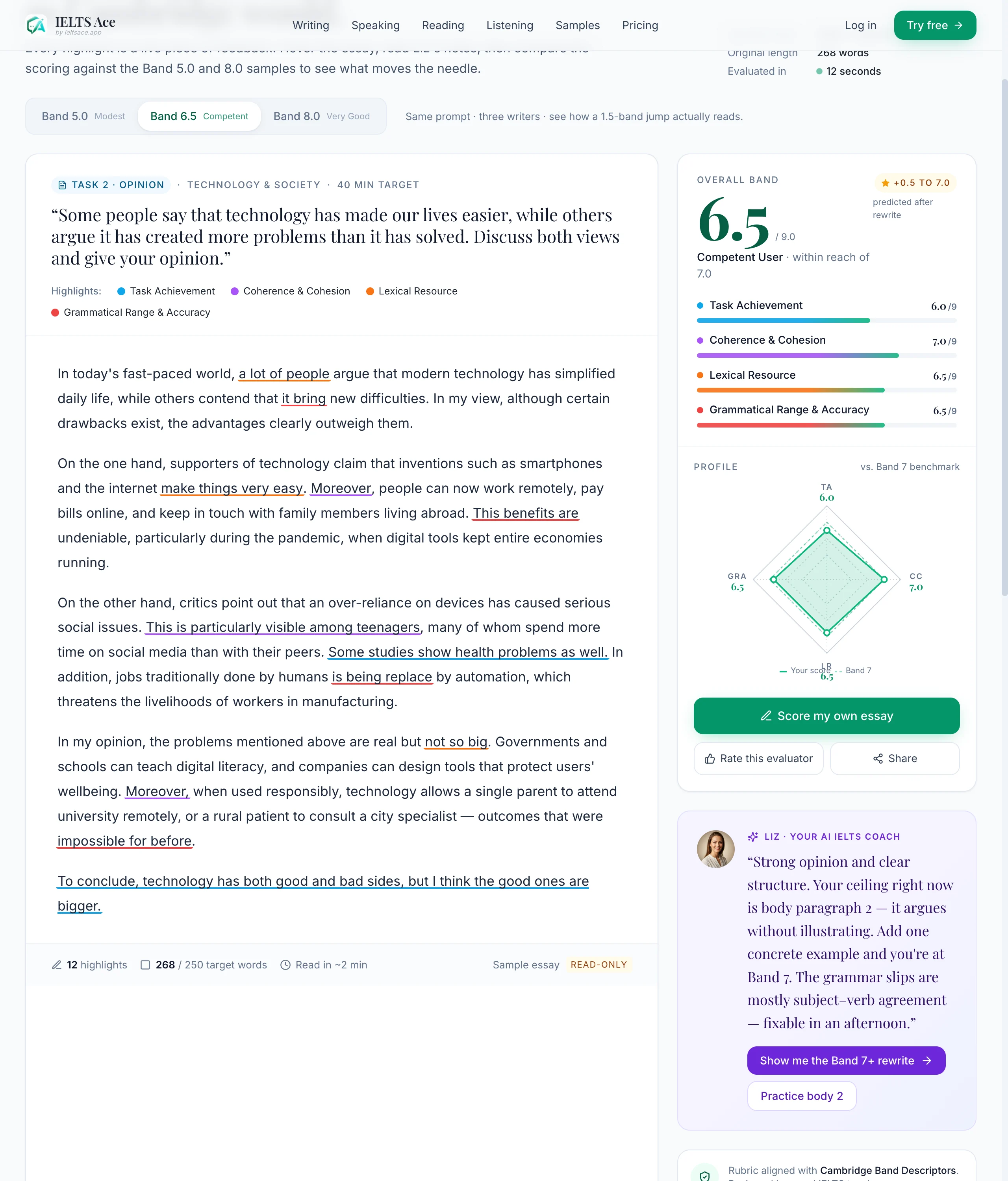 The IELTS Ace writing report: criteria bands, marked evidence, rewrite.